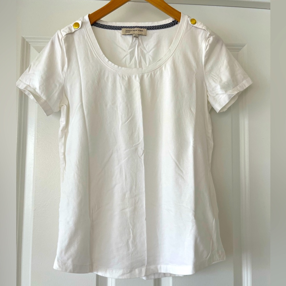 EUC Jones New York Sport White Short Sleeve Tee Shirt with Gold Detail Size S